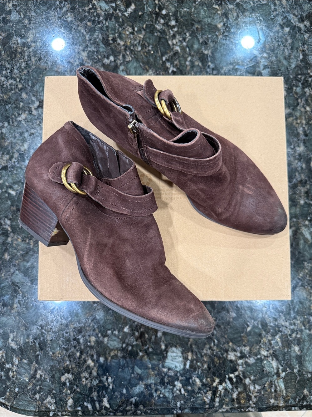 Franco Sarto Dark Brown Suede Ankle Booties with Buckle